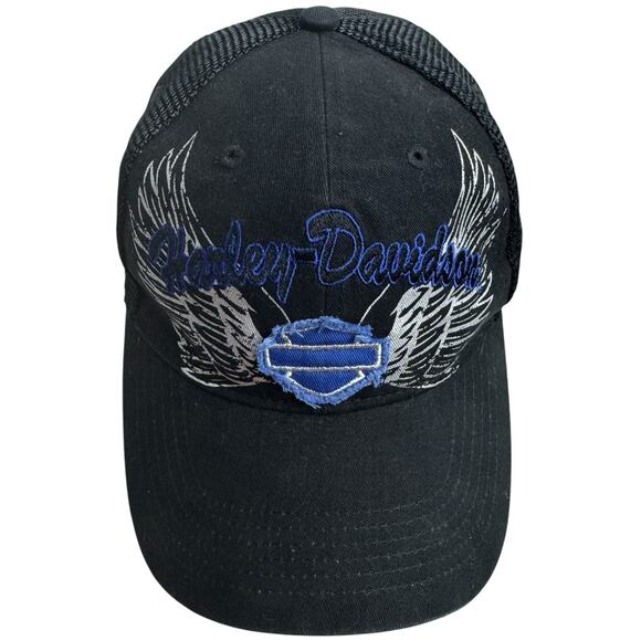 Men's Harley Davidson Black Blue Cap Embroidered Mesh Wings Adjustable Hat sz OS